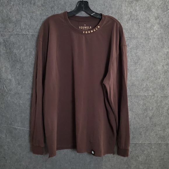 YOUNGLA Los Angeles Shirt Mens XL Casual Brown Long Sleeve Crew Neck Sports - Picture 1 of 11
